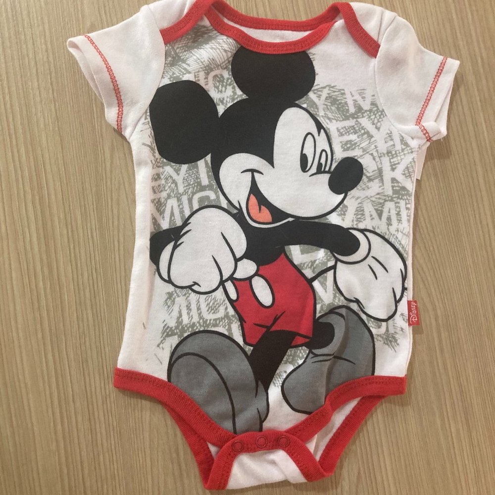Disney Baby Mickey Mouse Bodysuit 3-6 Months White Red Trim Short Sleeve Shaps